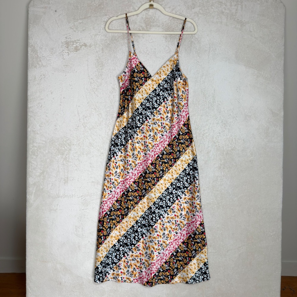 Floral Patchwork Satin Midi Slip Dress Boho Cottagecore Sundress Prairie Size SM
